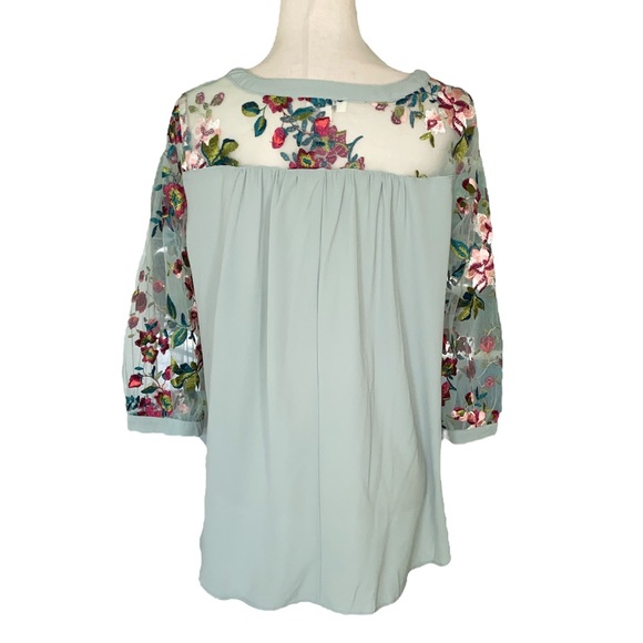 Umgee Embroidered Floral Semi-sheer Mesh Sleeve Top in Dusty Mint - S - Picture 7 of 14